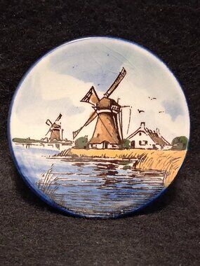Vintage (60s-80s) Hand Painted Delft Blue Windmill Wall Plate Holland Crown Mark